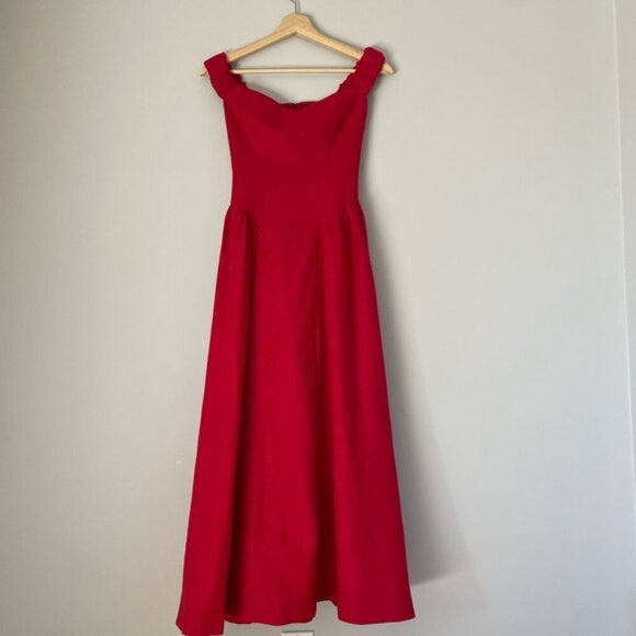 NEW Reformation Monet Linen Midi Dress Lipstick Red Off-Shoulder | size 2 - Picture 7 of 14